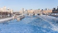 View on frozen Moscow river in sunny winter day