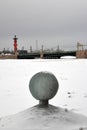 View of the frozen Neva river in Saint-Petersburg, Russia.