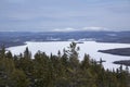 View of frozen Rangeley Lake from summit of Bald Mountain. Royalty Free Stock Photo