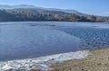 View of frozen water, mountain Vitosha, mountain Plana and village Pancharevo Royalty Free Stock Photo