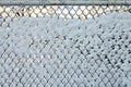 View of a frozen wire mesh fence covered with snow and ice on a bright sunny day. Background. Close-up. Royalty Free Stock Photo