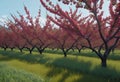 View of a fruitful apple orchard with trees and fruits. View of an agricultural field. Apple trees. Natural example