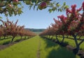 View of a fruitful apple orchard with trees and fruits. View of an agricultural field. Apple trees. Natural example