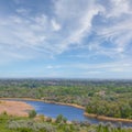 View ftom above to quiet river flow through a forest