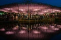 View of full bloom Purple pink Giant Wisteria trellis. mysterious beauty when lighted up at night Royalty Free Stock Photo