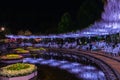 View of full bloom Purple pink Giant Wisteria trellis. mysterious beauty when lighted up at night