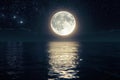view Full moon reflected on the sea, stars fill the sky Royalty Free Stock Photo