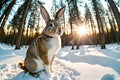 View of a funny hare that sits on the snow in the winter forest, close-up with selective focus Royalty Free Stock Photo