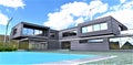 View of the futuristic cottage with pool. Fully independent energy system on the base of wind generation. 3d rendering