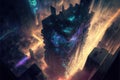 View of a Futuristic Cybercity at Night - Science Fiction Illustration - Generative AI