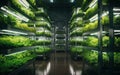 View of a futuristic indoor vertical farm that uses technology and rows of plants to optimize the production of vegetables on a