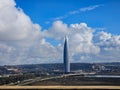 view of The futuristic Mohammed VI Tower It s the third tallest building in Africa. against sky and clouds - Rabat, Morocco