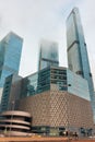 View of the futuristic towers of the Moscow City business center on a cloudy, foggy day