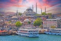 View from the Galata Bridge in Istanbul over the Bosphorus to the historic city center in the evening glow