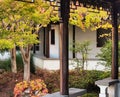 A view of a gallery and backyard at Lan Yuan chinese garden in Dunedin New Zealand