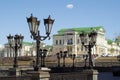 View through a gallery with retro lanterns on a historic building in Yekaterinburg, Russia