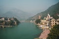 View of Ganga river embankment and Lakshman Jhula bridge in Rishikesh