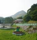 View of garden, mountain and ropeway from the top of Malampuzha Dam. Royalty Free Stock Photo