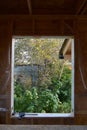 View on garden with raspberry bushes and plum tree from the window in unfinished wooden house Royalty Free Stock Photo