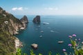 View from the Gardens of Augustus on Capri coast and Faraglioni Rocks. Italy