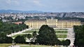 View of the gardens with beautiful flowerbeds and Schonbrunn Palace in Vienna and part of the city in the background.