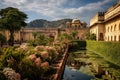 View of the gardens of Jaipur Palace, Garden on Maota Lake, Amber Fort, Jaipur, India, AI Generated Royalty Free Stock Photo