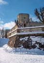 View of the Gatchina Palace from the White Lake. Winter, sunny. In the foreground there is a terrace of the Private Royalty Free Stock Photo