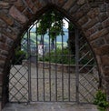 View through a gate on the church steeple in bingen am rhein in hessen germany