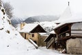 Ancient Swiss mountain chateau in snowy landscape Royalty Free Stock Photo