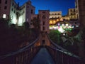 The gateway to the elevator bridge at night under moon light in Constantine, Algeria