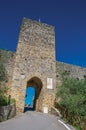 View of gateway and tower on the walls in a sunny day at the village of Monteriggioni