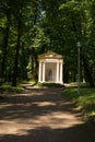 View gazebo with a statue in the city Park. The Village Of Arkhangelsk. Russia.