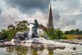 Gefion Fountain and St.Alban`s Church in Copenhagen. Denmark