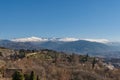 View of the Generalife gardens of the Alhambra in Granada with the Sierra Nevada mountain. Royalty Free Stock Photo