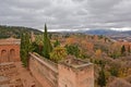 View on Generalife gardens and Sierra Nevada mountains from the walls of Alhambra castle, Granada, Spain Royalty Free Stock Photo