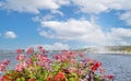 View of the Geneva Water Fountain, Jet d`Eau. One of the in Geneva, the lake of Geneva and the cityscape of Geneva at sunset, Swi Royalty Free Stock Photo