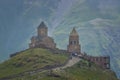 View of Gergeti Trinity Church (Tsminda Sameba) in Kazbegi, Georgia. The Church near the village of Gergeti Royalty Free Stock Photo