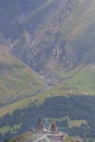 View of Gergeti Trinity Church (Tsminda Sameba) in Kazbegi, Georgia. The Church near the village of Gergeti Royalty Free Stock Photo