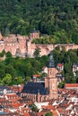 View of German city Heidelberg with castle and Church of the Holy Spirit (German: Heiliggeistkirche)