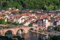 View of German city Heidelberg with old city and old bridge over the river Neckar