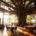 view of giant banyan tree in the coffee shop