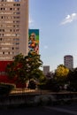 View of the giant mural painted titled The New Mona Lisa by Okuda San Miguel at the 13th Arrondissement of Paris Royalty Free Stock Photo