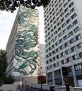 View of the giant murales painted by the artist Pantonio on the Siena tower in Paris Royalty Free Stock Photo