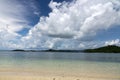View from Gili Asahan island on  sky with white clouds,  blue sea and  islands on the horizon. Lombok, Indonesia, south Gili islan Royalty Free Stock Photo