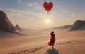 girl in red dress walking on desert looking for love