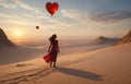 girl in red dress walking on desert looking for love