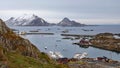 View of Gjermesoya island and Ballstad harbour in the Lofoten in Norway in winter Royalty Free Stock Photo