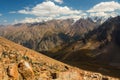 View of the glacial mountains and the gorge from the upper station of the ski resort Chimbulak. Royalty Free Stock Photo