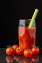 View of glass with Bloody Mary cocktail with celery, on wet slate with cherry tomatoes, black background, vertical