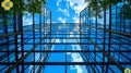 A view of a glass building with trees and clouds in the sky, AI Royalty Free Stock Photo